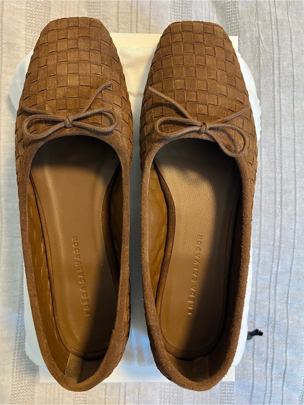 Freda Salvador: Jada Square Toe Ballet Flat - Toffee Woven Suede, size 9 - Picture 5 of 12